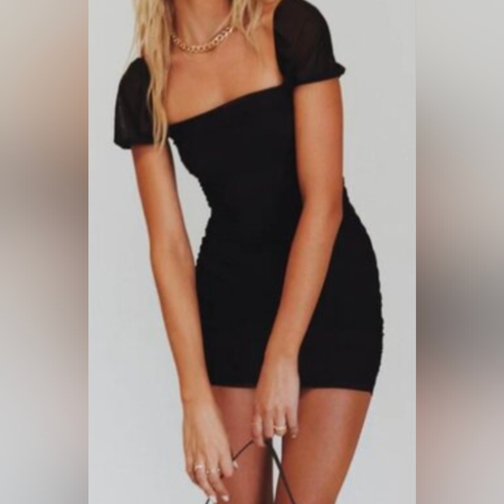 Princess Polly NWT Black Mesh Ruched Cap Sleeve Mini Dress Sz 4 - Picture 2 of 12